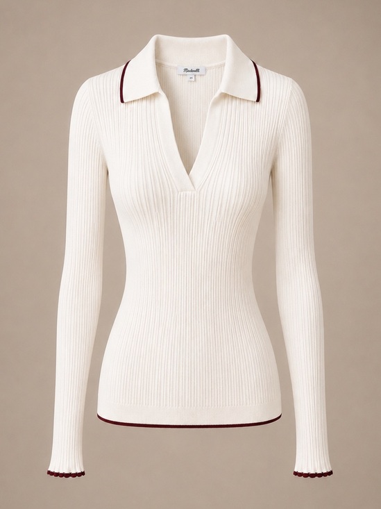 Madewell Tops - NWT Madewell White V Neck Ribbed Collared Sweater XS Quiet Luxury Minimalist